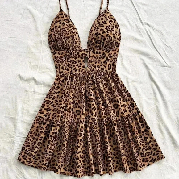 Multicolor Sexy Women's Leopard Print Layer Hem Cami Dress - Picture 5 of 5